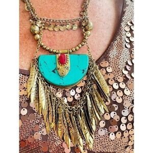VTG NWT Tanjore India Necklace Turquoise Brass Curb Link Chain Egyptian look
